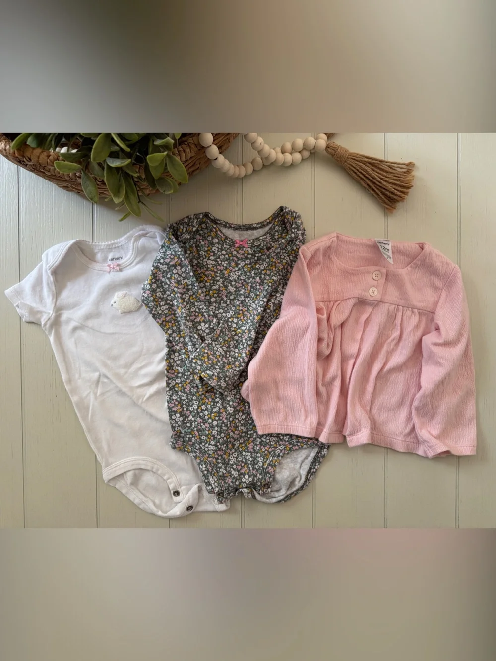 Baby Girl Pink, White & Floral Bodysuit Set
